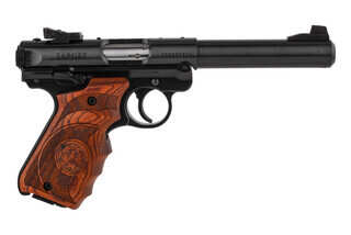 The Mark IV Target Pistol features a one-piece CNC machined grip frame and attractive etched wood grips that are grooved to allow a more positive grip.